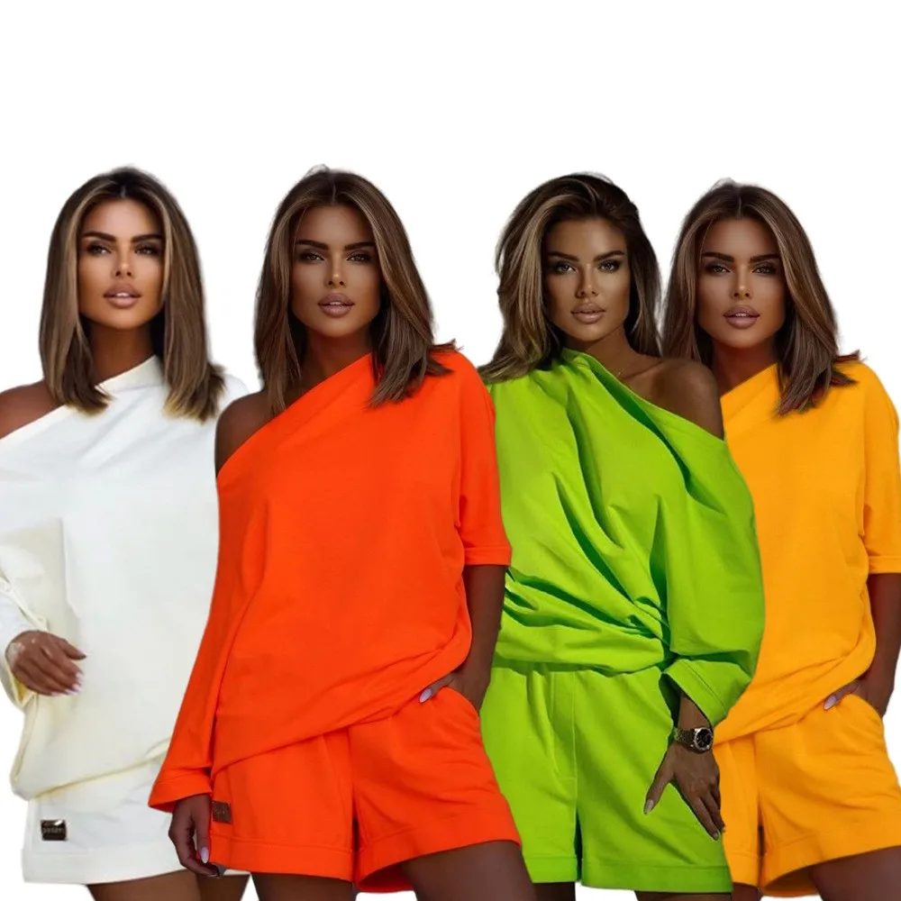 

Модный комплект из двух предметов, спортивный комплект со штанами, женский свободный комплект из двух предметов, летняя коллекция на одно плечо