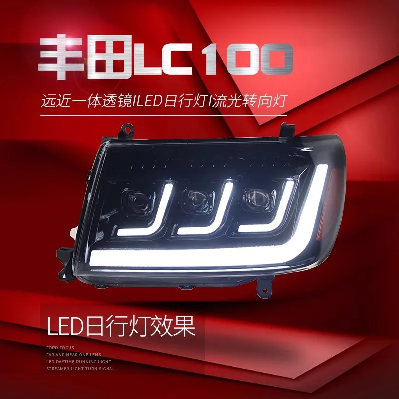 LED Headlight Assembly with Daytime Running Light and Water Flow Turn Signal for Toyota Land Cruiser LC100 (1998-2007)
