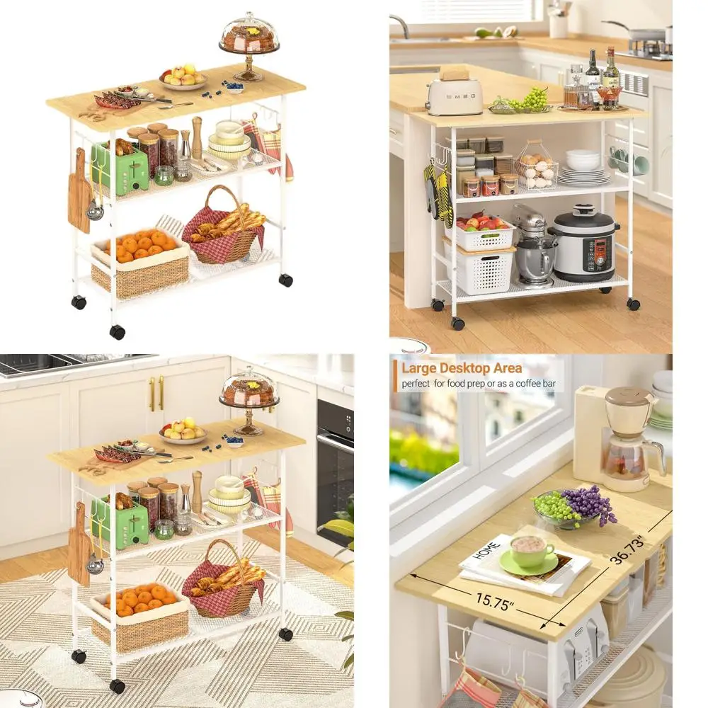 

Трехуровневая кухонная тумба-остров, передвижная тележка на 6 крючках с защитной полкой, подставка для микроволновки на колесиках с блокировкой, многофункциональная полка для выпечки