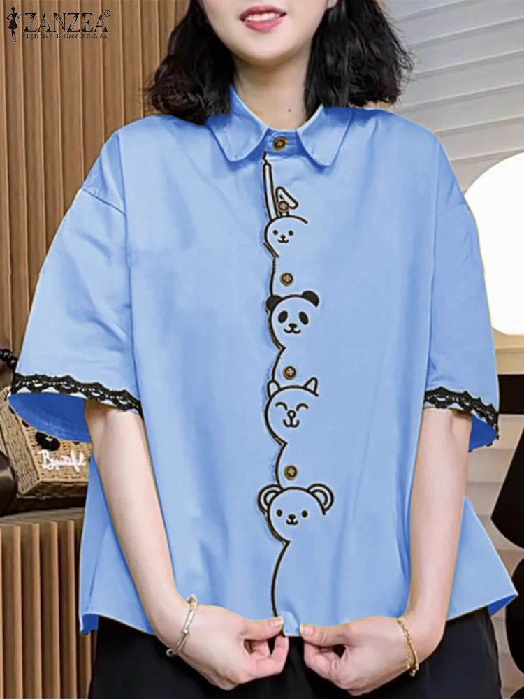 ZANZEA قمصان نسائية مطرزة برسوم كارتونية لصيف 2025 عادية بياقة مقلوبة دانتيل مرقعة نصف كم بأزرار حتى ملابس علوية يومية 3XL