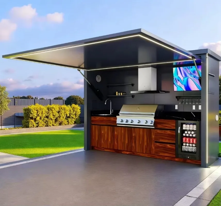 Modular Weatherproof Enclosed Shelter Outdoor Kitchen Pavilion Featuring Electric Sink Stainless Steel Easily Assembled