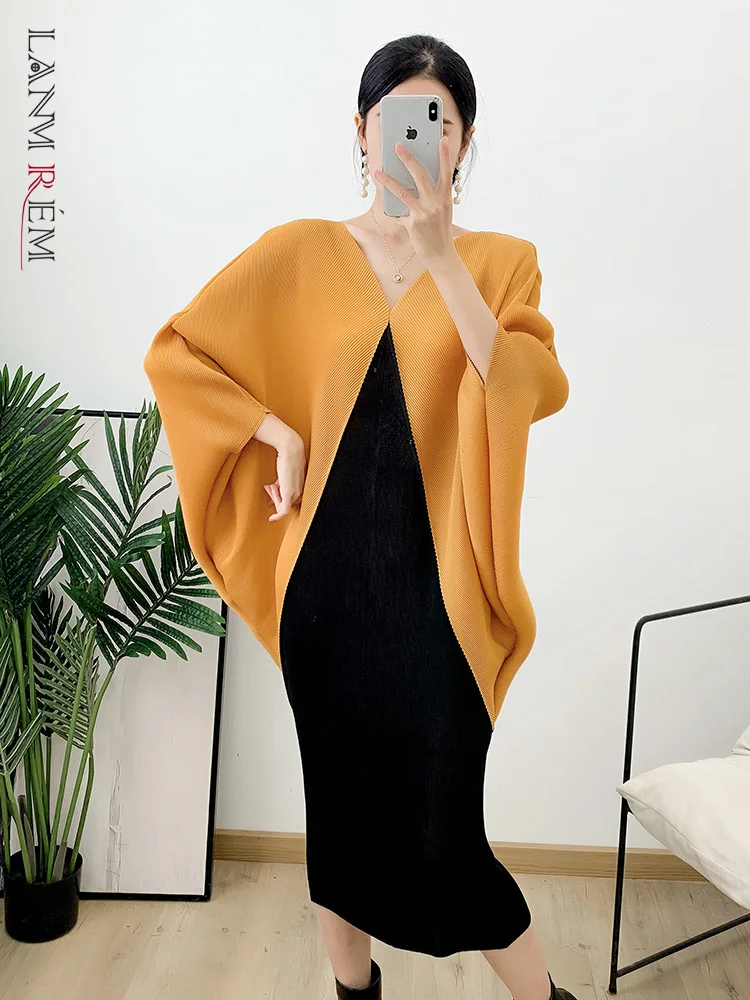 LANMREM Stitching Contrast Color Pleated Dress V Neck Batwing Sleeve Elegant Dresses For Women 2024 New Spring Clothing 2Q1196