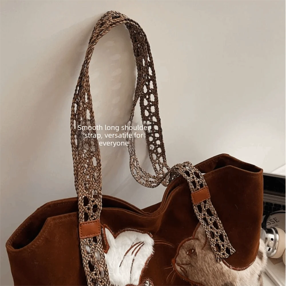 

Creative Y2k Embroidery Cat Tote Bag Preppy Style Cartoon Suede Shoulder Bag Lightweight Shoulder Pouch Handbag Students