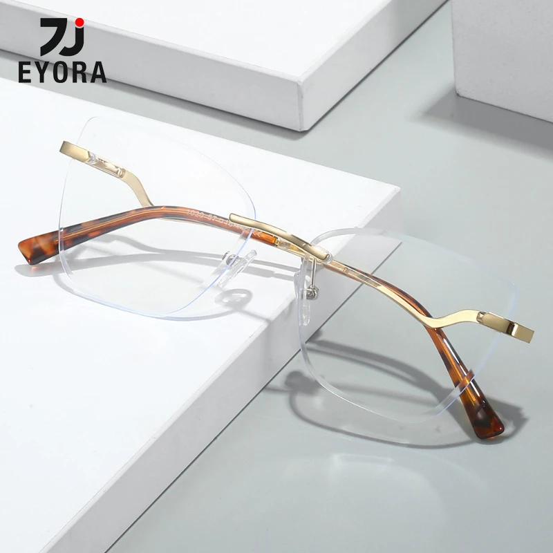 

EYORA Minimalist Rimless Cat Eye Reading Glasses Anti Blue Light Myopia and Hyperopia Photochromic Prescription Eyewear Lens