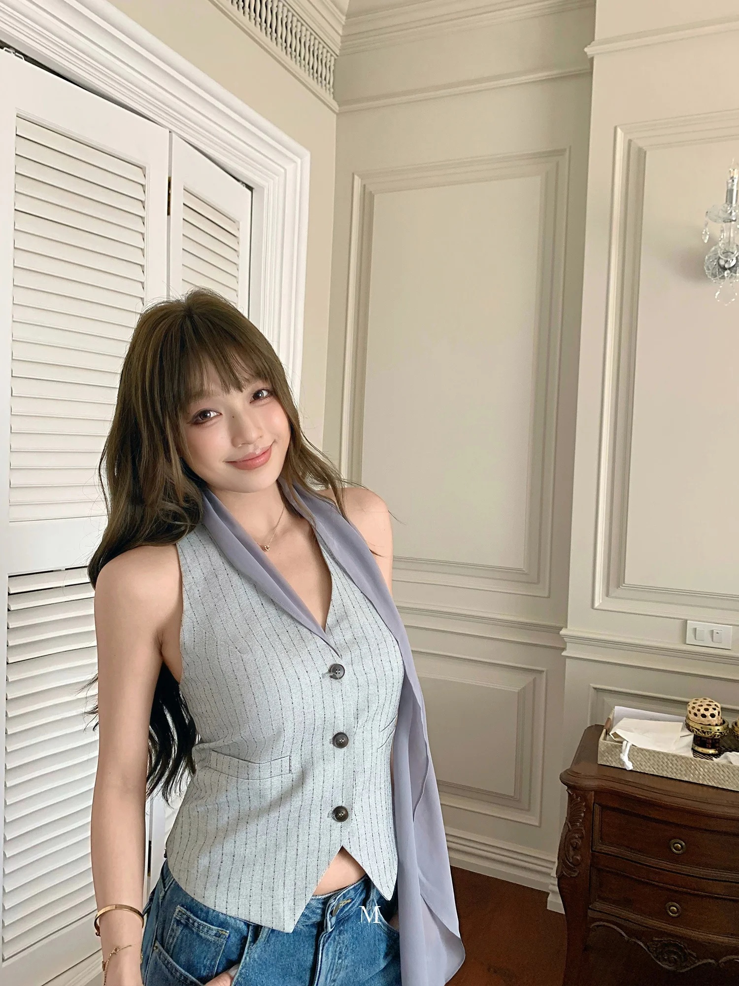 

Женский жилет Chen Mi Fan California Diary V-ne Striped ort Svel, топ из смесовой полиэстеровой ткани