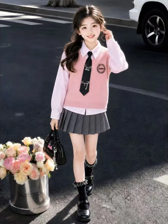 Fashionable Striped Heart Vest Short Skirt Set for Girls Autumn New Arrival Three Piece Suite School Uniform Style Children's...