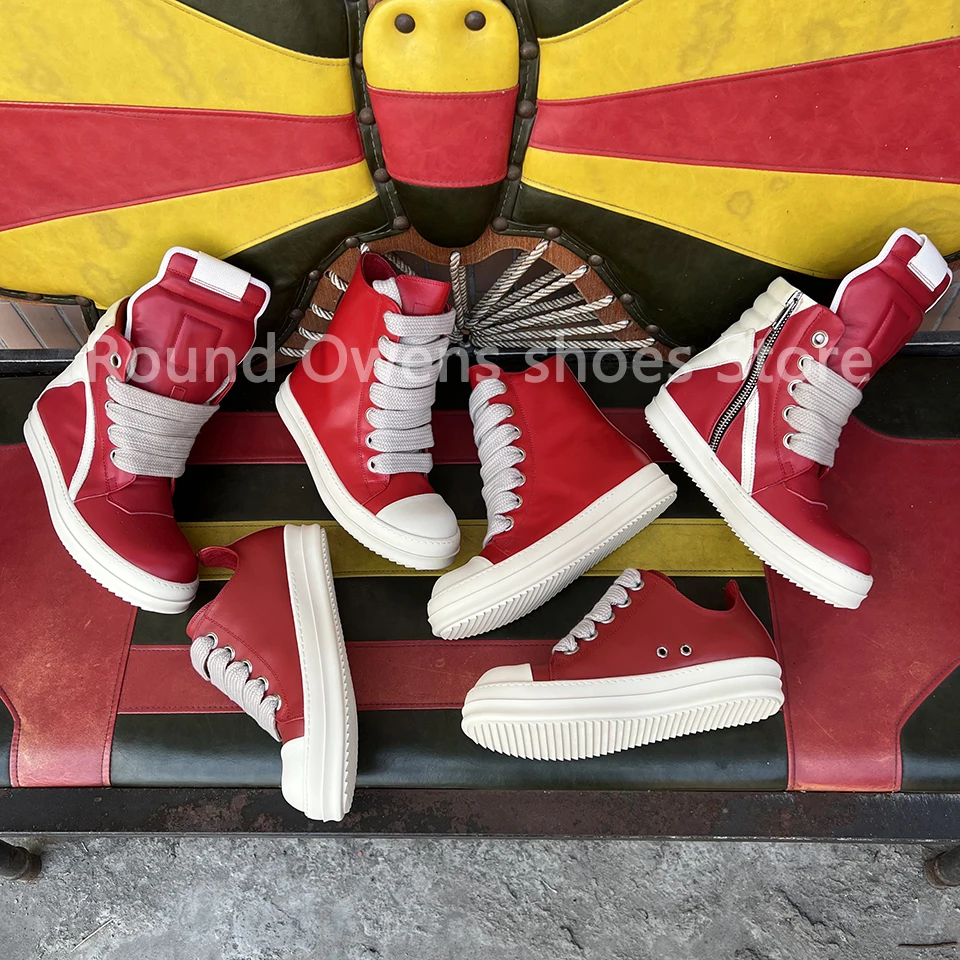 

Men Casual Shoes Dark Red Leather Luxury Ankle Boots Outoor High Top Quality Ro Jumbo Lace Up Zip Women Flat Thick Sole Sneakers