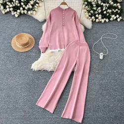 Women Two Pieces Knit Sets Sexy LongSleeve Tank Top Slim Camis Crop Top and High Waist Wide Leg Pants Fashion Casual Summer Sets