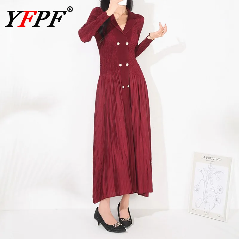 

YFPF 2025 Новое женское платье Miyake плиссированное элегантное платье с v-образным вырезом и двойными пуговицами, однотонные платья трапециевидной формы, модная осенняя одежда