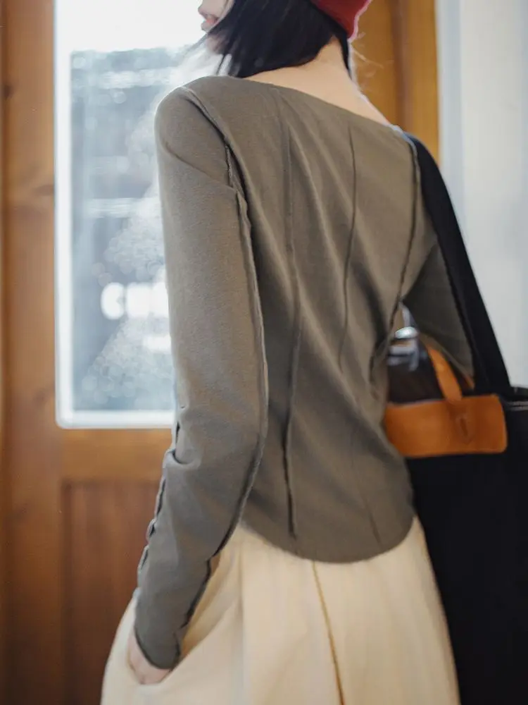 Maden Slim Fit Long Sve Strick-T-Shirt, tailliertes, oulderlanges Sommer-Top für Damen, atmungsaktiv, feuchtigkeitsbeständig