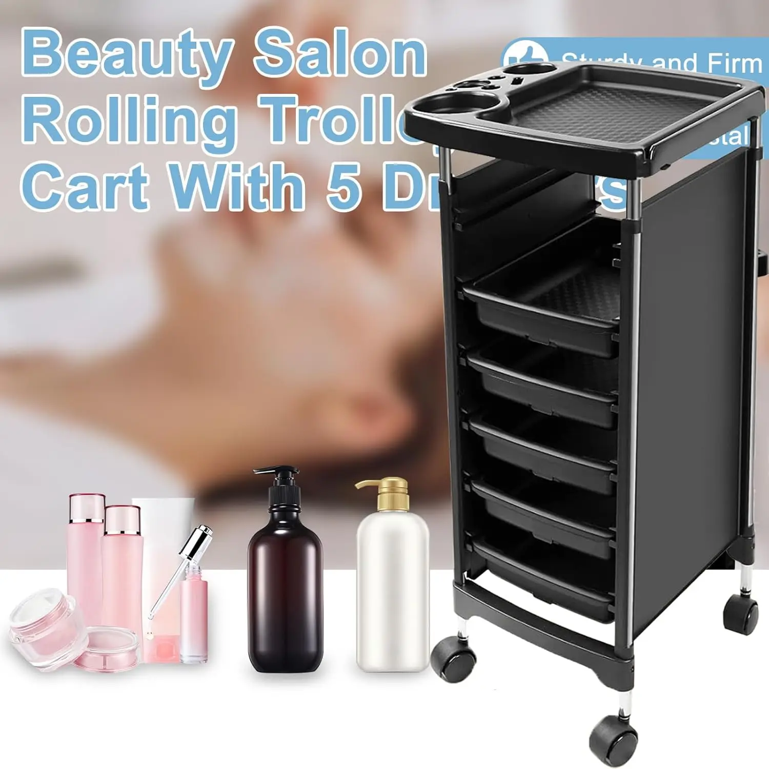 Multifunctional 5-Drawer Rolling Trolley Cart Beauty Salon Hairstyle Nail Workshop Storage Organizer with Partitions