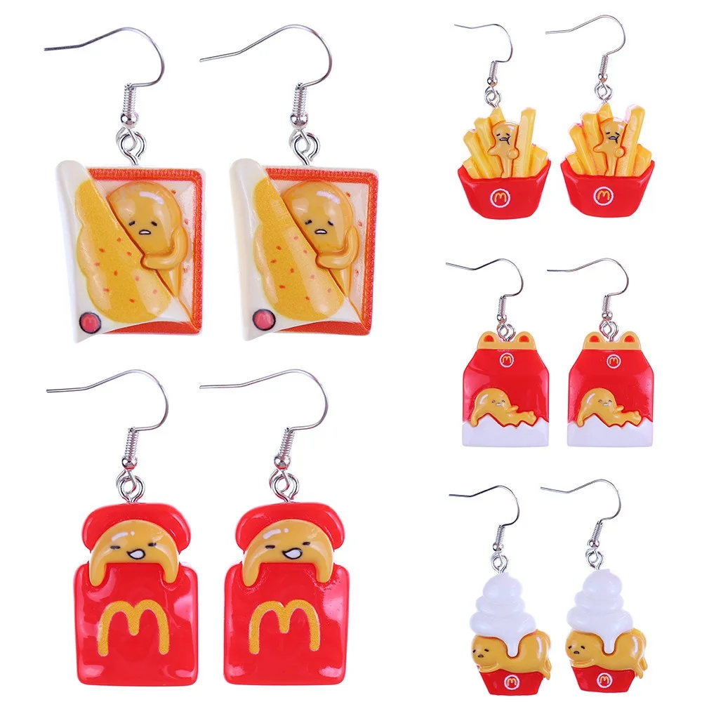 1pair Cute Simulation Food Play Lazy Egg Fries Burger Earrings Creative Girl Heart Hook Earrings Jewelry