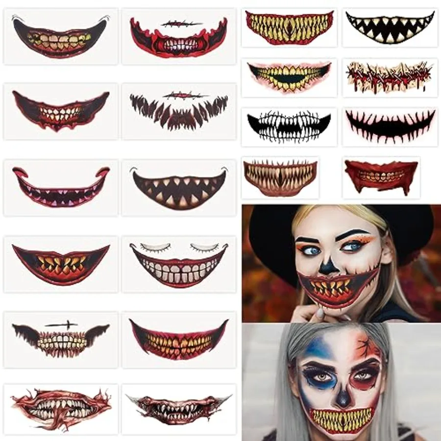 

20 PCS Scary Big Mouth Temporary Tattoo, 2026 Halloween Realistic Face Stickers, Multiple Sizes Clown for Adults, Horror Prank