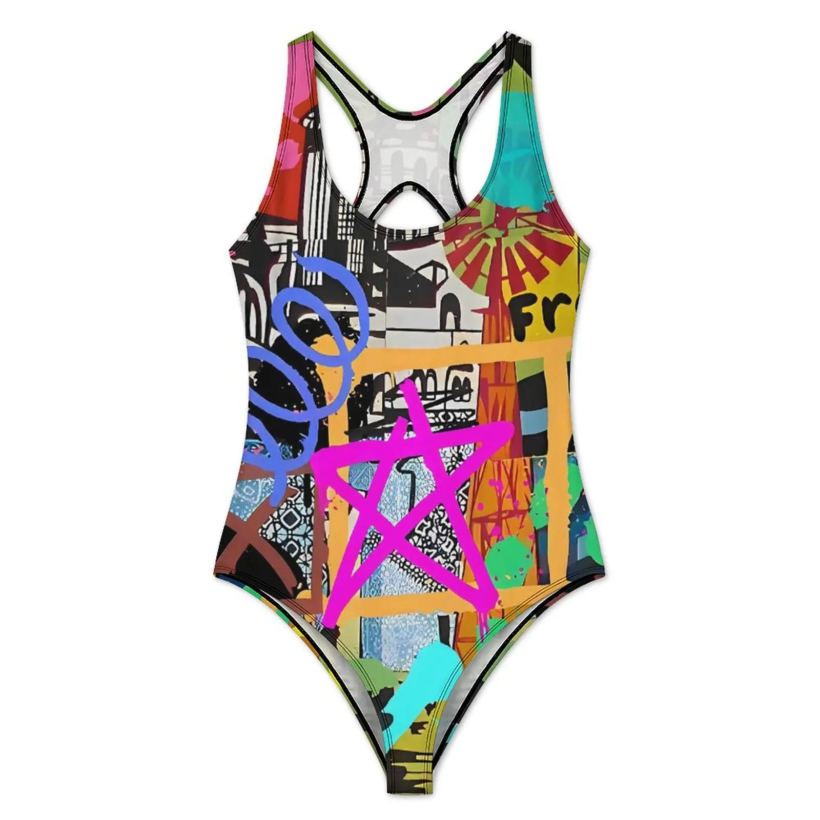 Freedom Graffiti Swimsuit Sexy Star Print Women Swimwear One Piece Korean Fashion Swimsuits Sport Push Up Cut Out Beach Wear