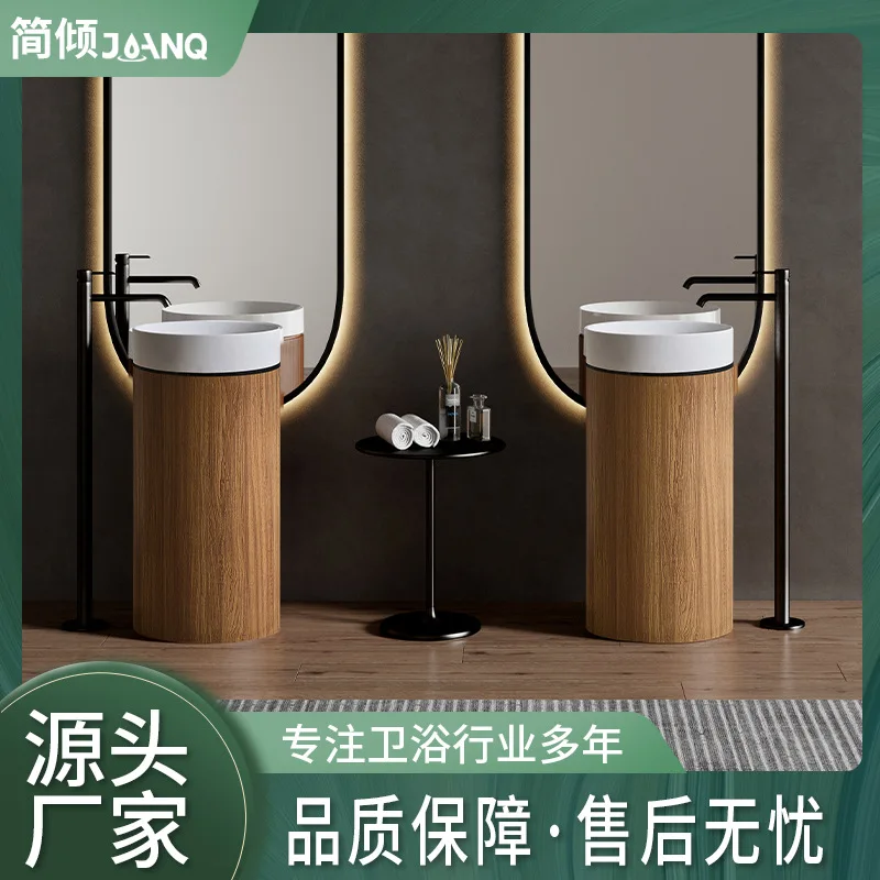 Minimalist medieval style stainless steel walnut wood grain column basin designer vertical sink art sink basin