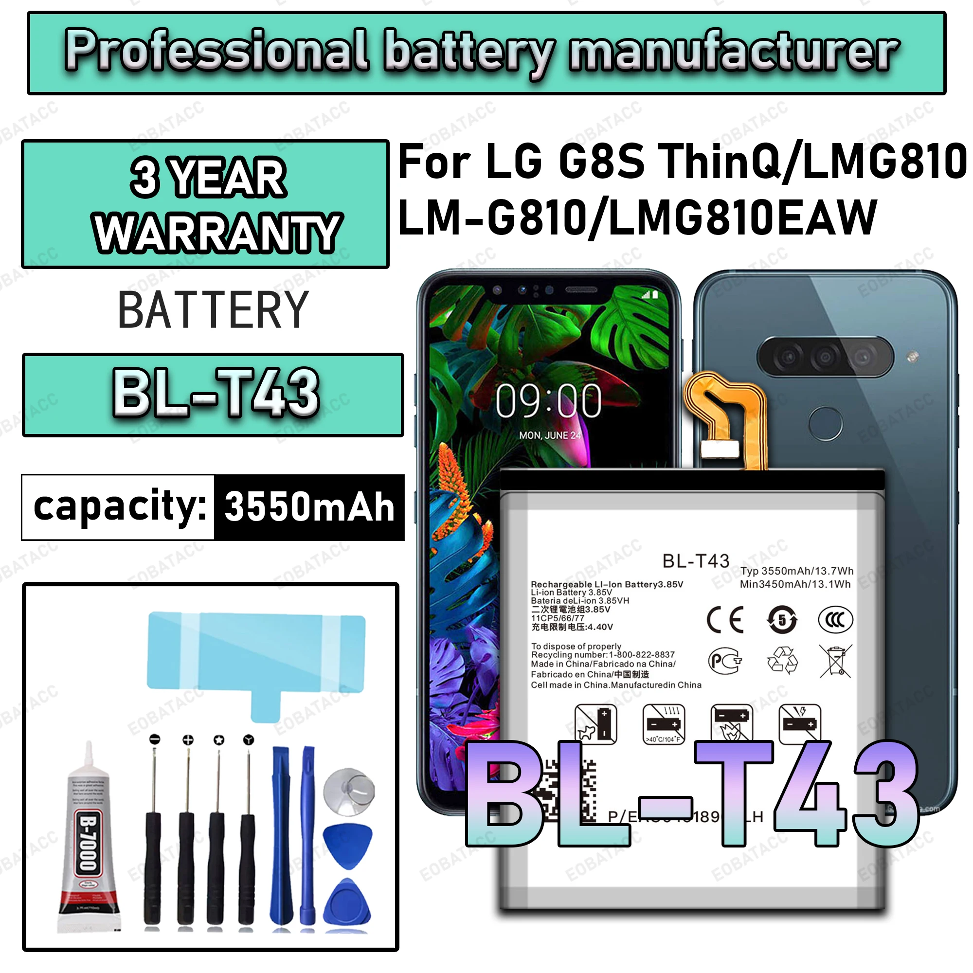

100% New Zero Cycle BL-T43 Battery For LG G8S ThinQ/LMG810/LM-G810/LMG810EAW Replacement Bateria +Free Tools