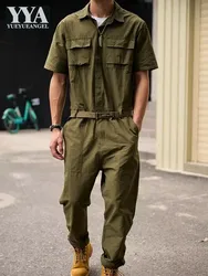 Summer Mens Short Sleeve One Piece Overalls Pockets Casual Jumpsuit Safari Style Slim Fit Long Cargo Pants Vintage Jumpsuits