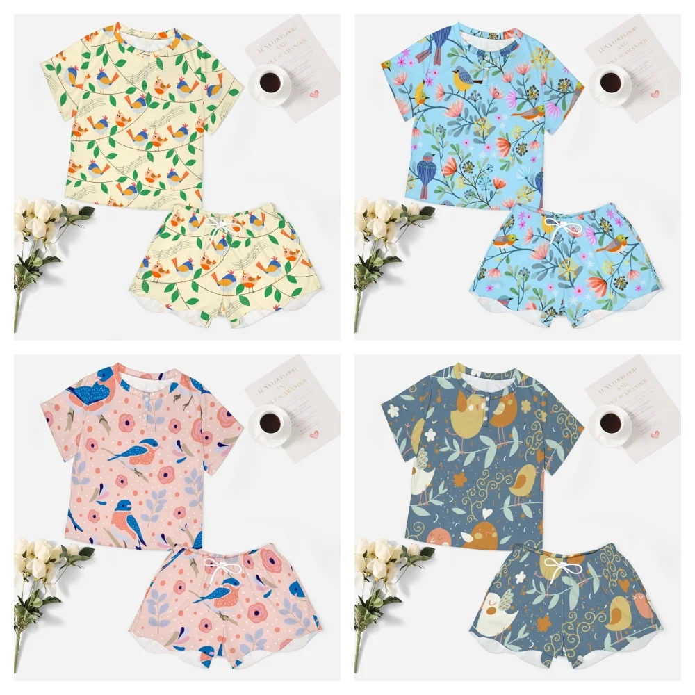 Flower and Birds Pattern Women's 2-Piece Button Down Short Sleeve Button Front Sleepwear Loungewear PJ Set Summer Home Suit