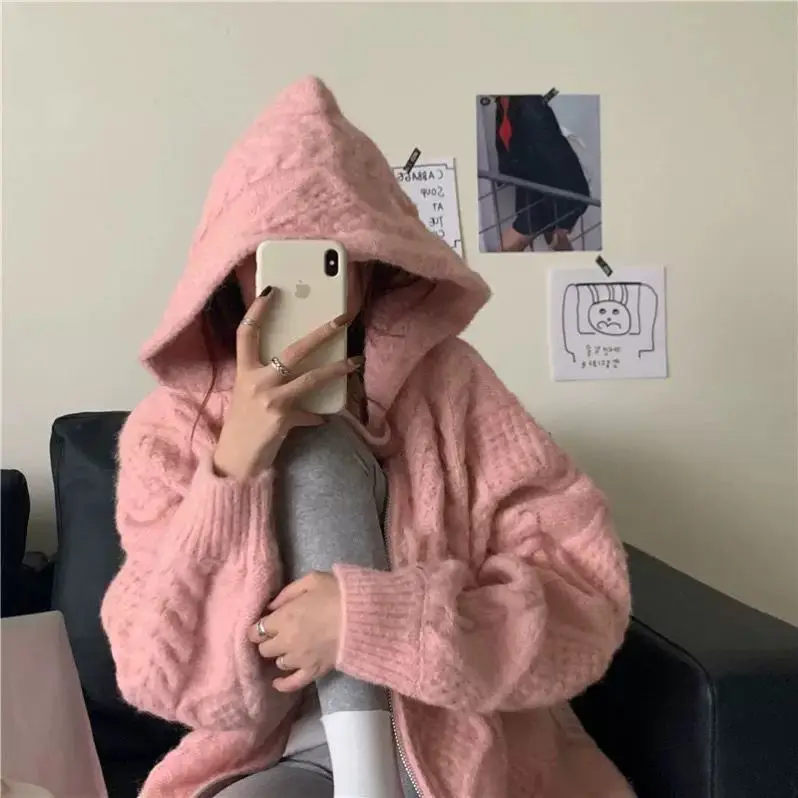 Spring Autumn Winter Loose All-match Twist Sweater Coat Women\'s Lazy Wind Hooded Knitted Cardigan Top Women Sweate