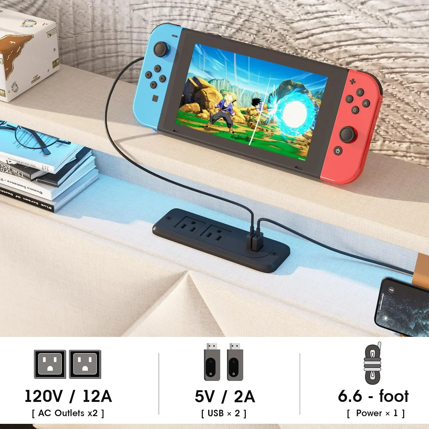 Vabches Bed Frame Queen with Storage Headboard&4 Drawers Upholstered Platform Bed Frame with Charging Station&LED Lights Bedroom image 3
