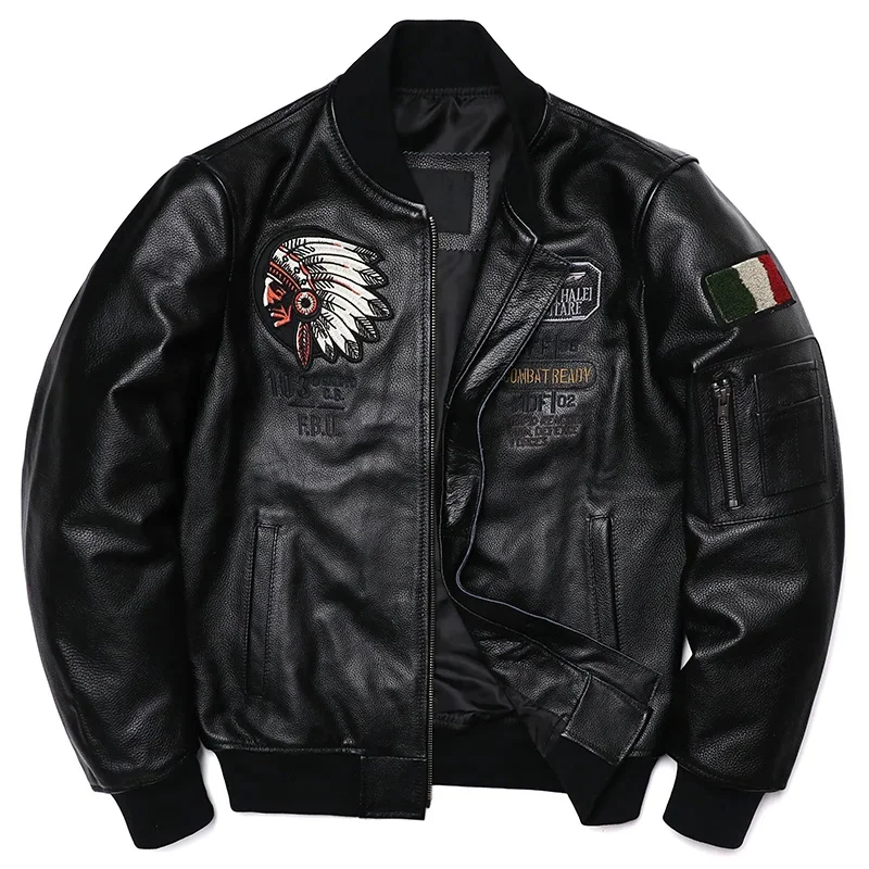 

New 2024 Indian Embroidery Genuine Leather Baseball Uniform Men's Fashion Jacket Cowhide Motorcycle Jackets Clothes Size S-5XL