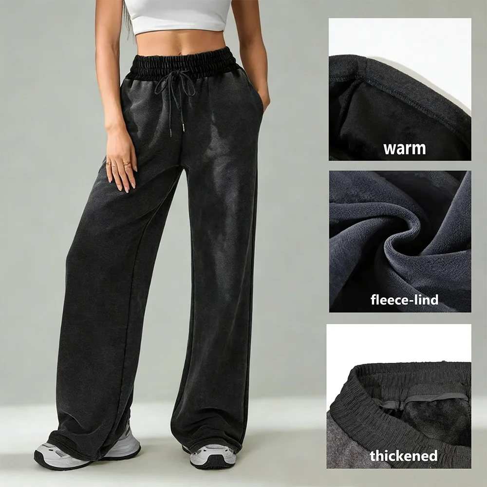 Women's Lazy Style High-Waisted Wide Leg Sweatpants - Extra Thick Fleece Lined Thermal Trousers for Cold Weather,Daliy