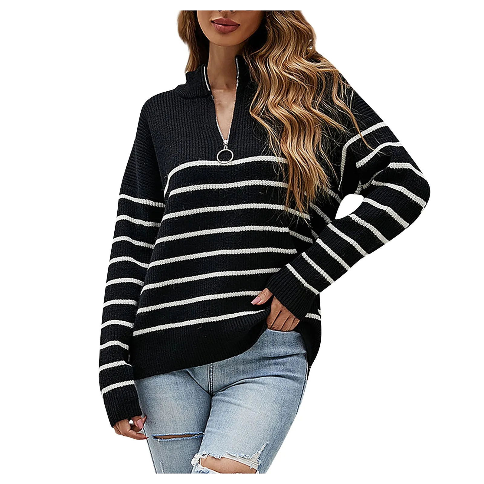 2024 new winter Women's Fashion knitted sweatershirts Half Turtleneck Chest Zipper Striped long sleeves Pullover Sweater