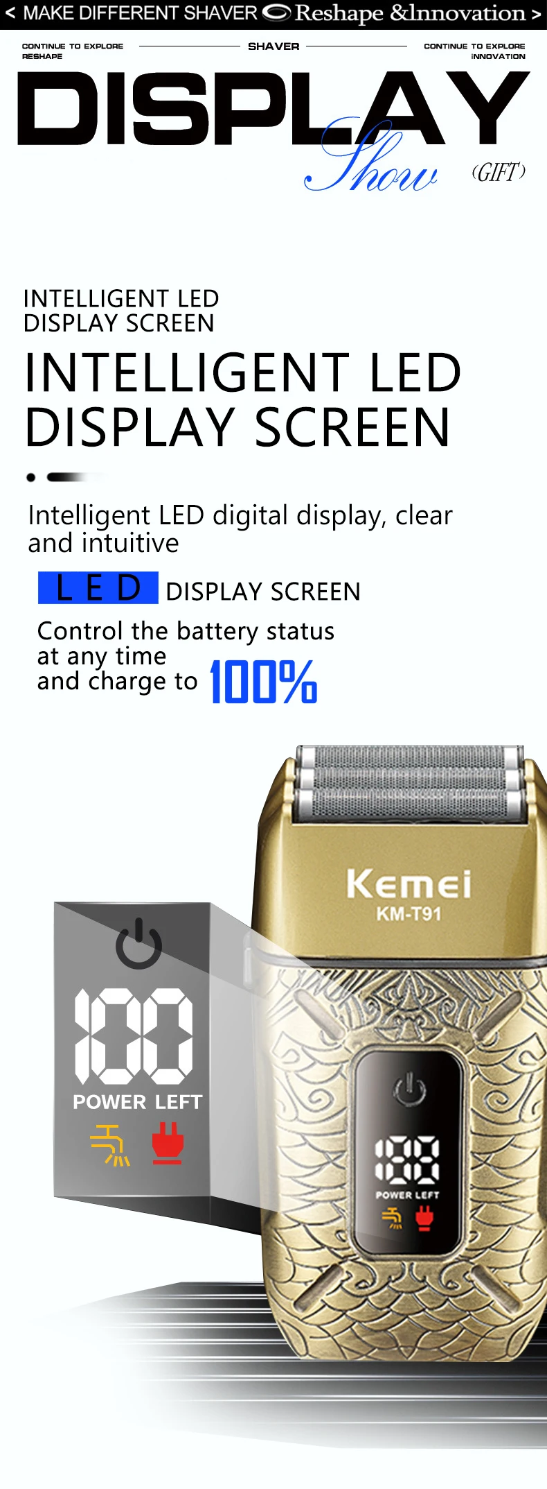 Kemei Elektrische Triple Klingen Rasierer Wiederaufladbare Barber Folie Rasierer Professionelle Cordless Glatze Rasieren Maschine Männer KM-T91 – Detail 5