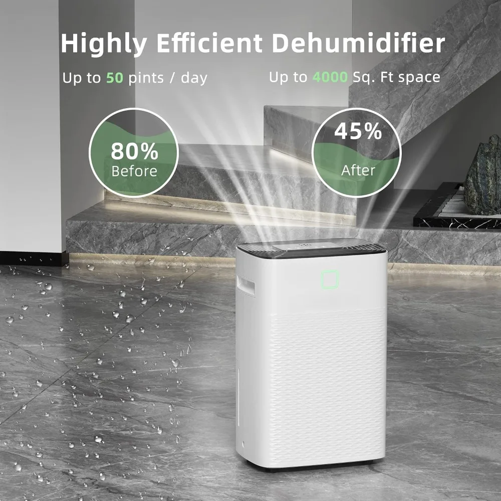 50 Pint Dehumidifiers for Home Basements, with 3 Working Modes, Overflow Protection, and Auto Shut off Restart. Ultra Silent