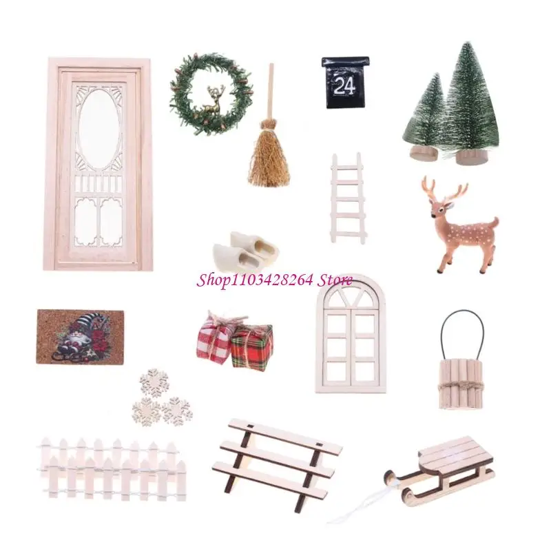 Resin Wreath Reindeer Door Set For Tabletop Christmas Decoration Dollhouses Miniature Craft