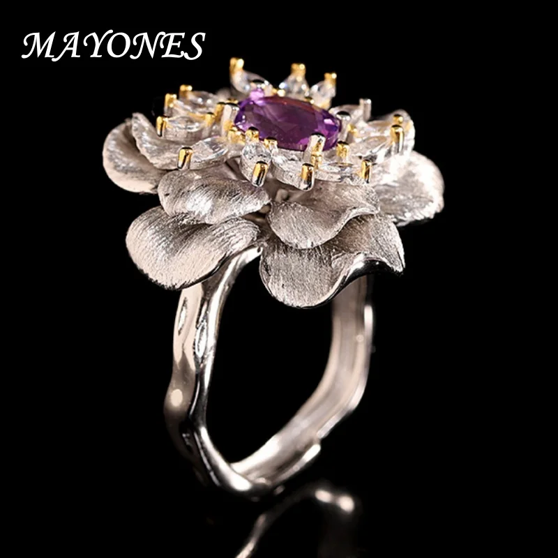 

MAYONES S925 Sterling Silver Set Amethyst Exaggerated Flower Ring for Women's Luxury Jewelry