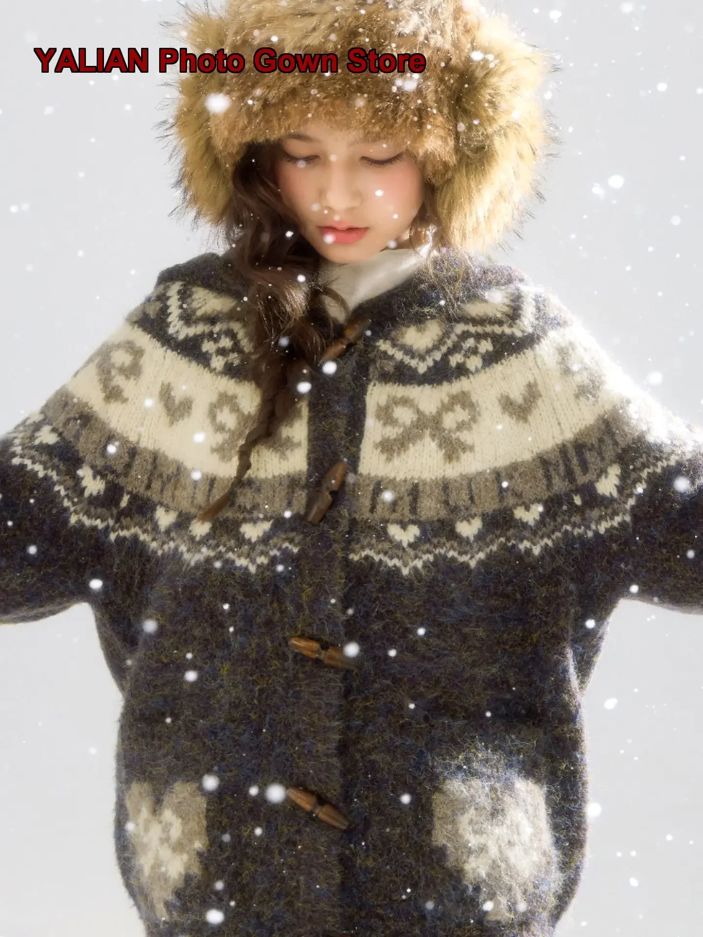 Girls Knit Cardigan Winter Nordic Pastoral Fair Isle Horn Button Open Front Knit Top