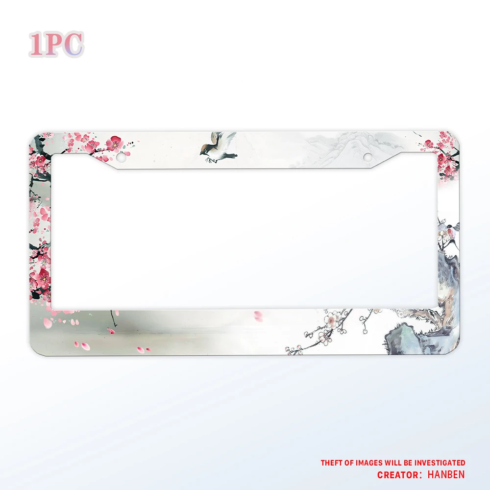 

Chinese style pattern of blooming pink flowers, flying bird license plate frame, aluminum matte license plate holder 12x6 inch