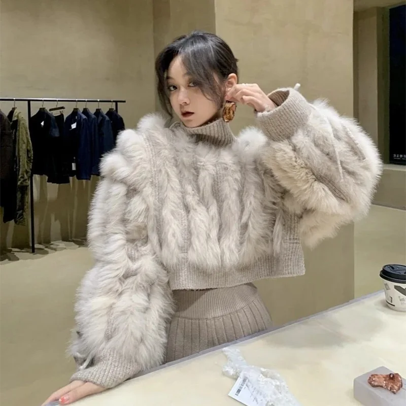 

MENINA BONITA 2023 Winter New Natural Fox Fur Woven Real Fur Jacket Woman Decoration Fashion Warm Loose Long Sleeved Streetwear