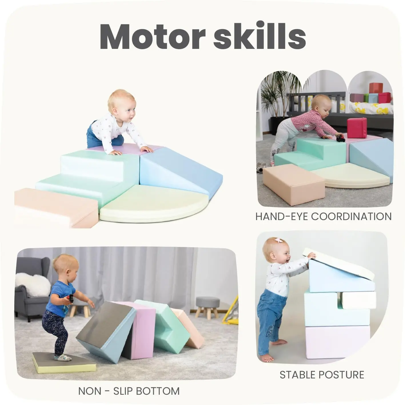 Set 6 Pastel Soft Play Forms, Large Foam Blocks, Baby Slide, Indoor Climbing Toys for Toddlers 1-3, Baby Crawling Helper, Montes