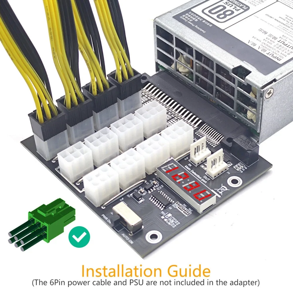 VO-Mining لوحة القطع 12 منفذ 6Pin وحدة إمداد الطاقة المجلس مع كابل LED 4Pin لخادم Dell PSU 750 واط 1100 واط 1600 واط