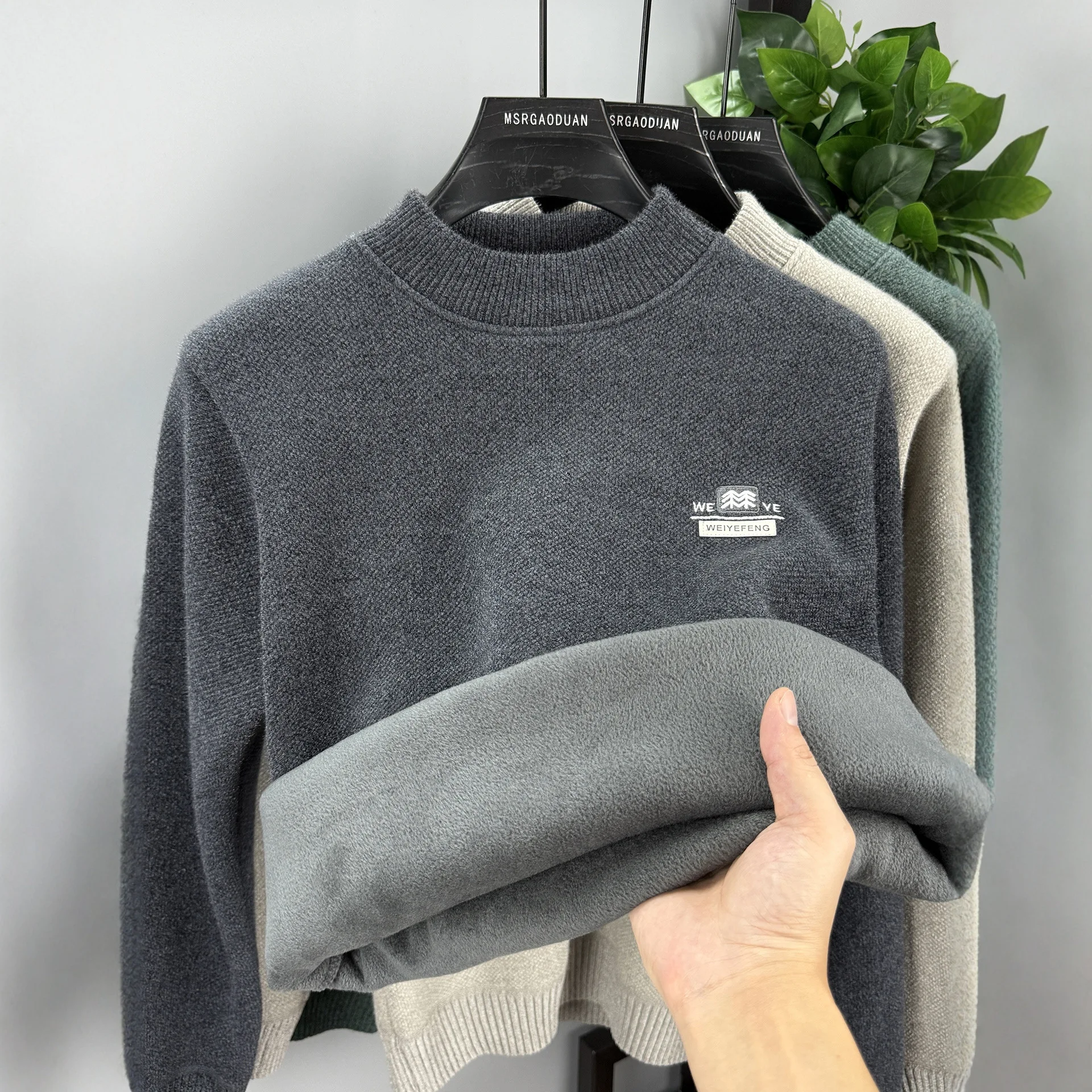 

Мужской вязаный свитер с высоким воротником на флисовой подкладке, утепленный, зимний, теплый базовый слой, повседневный, с длинным рукавом, без бренда, производство Китай