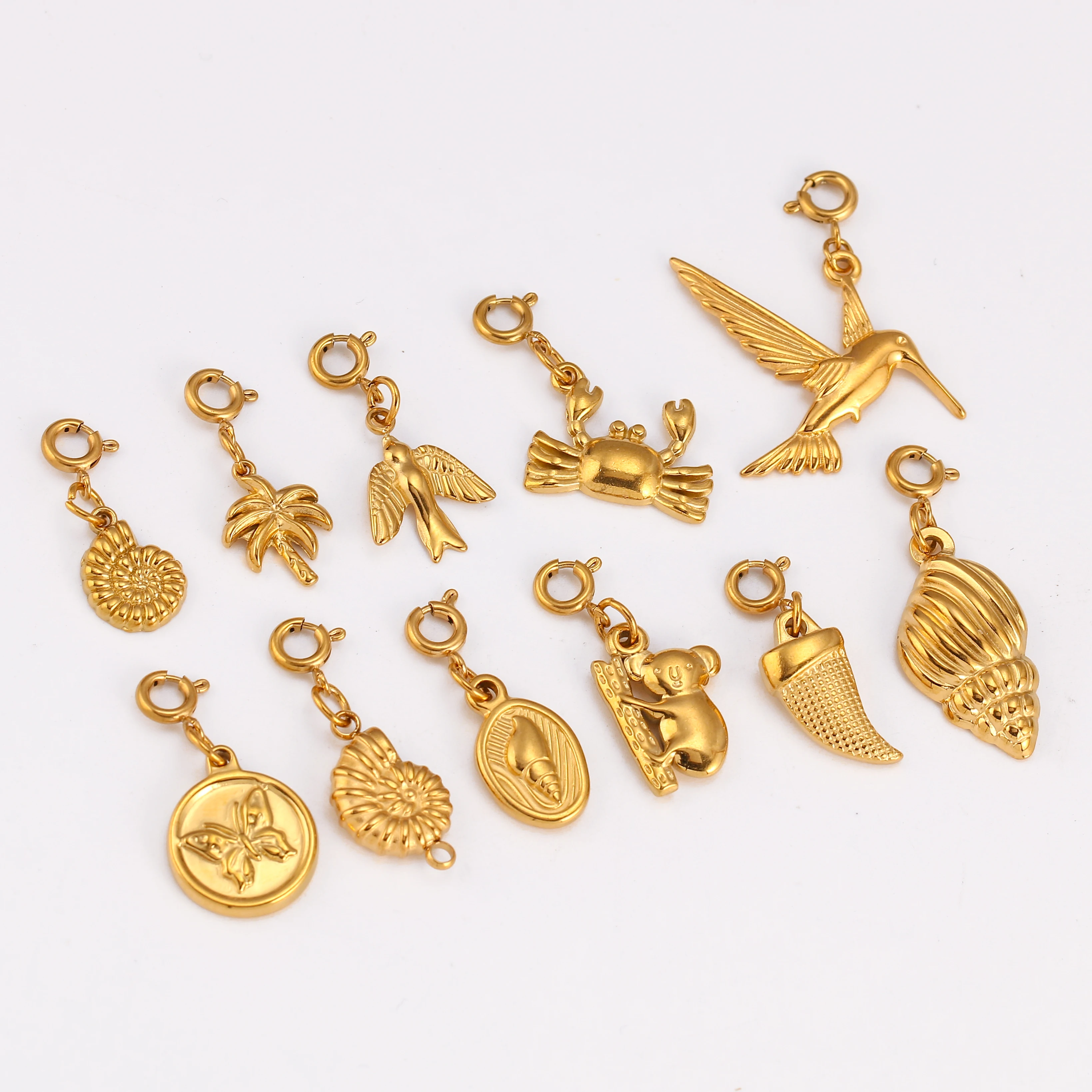 Cute Crab/Conch/Seagull/Clover Charm With Spring Clasp Buckle Stainless Steel Marine Choker Pendants for Jewelry Making Supplies
