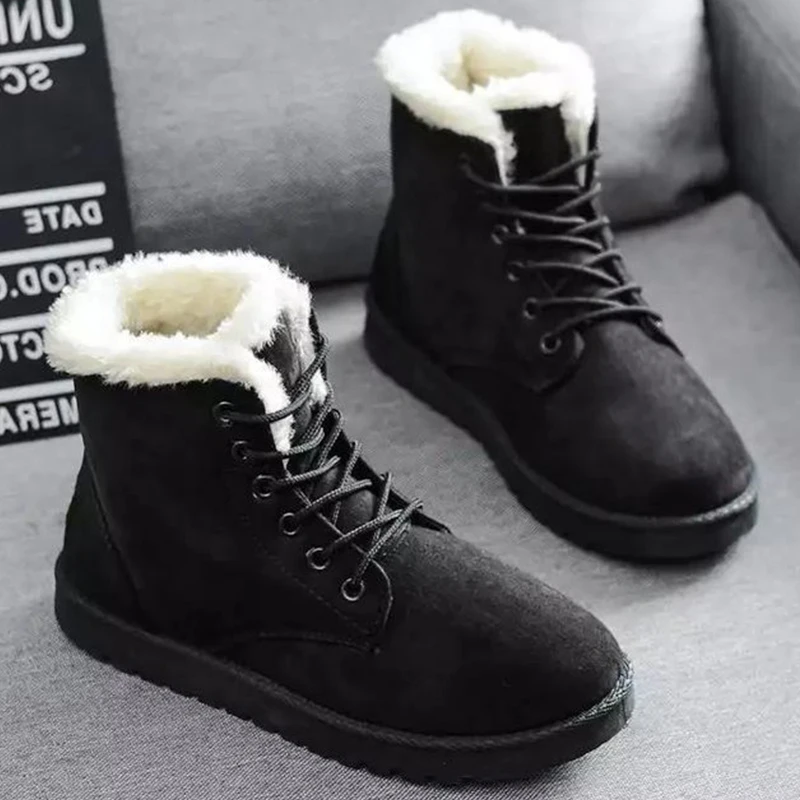 Smile Pop Winter New Flat Snow Boots Comfortable Warm Velvet Plush Cotton Shoes Round Toe Snow Boots Lace-up Short Boots Women