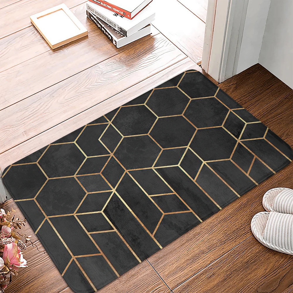 Gold and white geometric pattern Carpet Entrance Doormat Bath Floor Rugs Absorbent Mat Anti-slip Kitchen Rug for Home Decorative