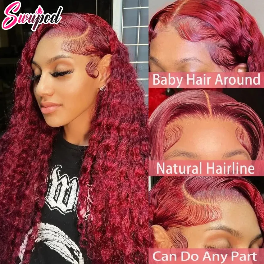 Swupod 200 densità 13x4 HD parrucca anteriore in pizzo per donne nere onda profonda ondulata capelli umani Remy 99J colore bordeaux Glueless