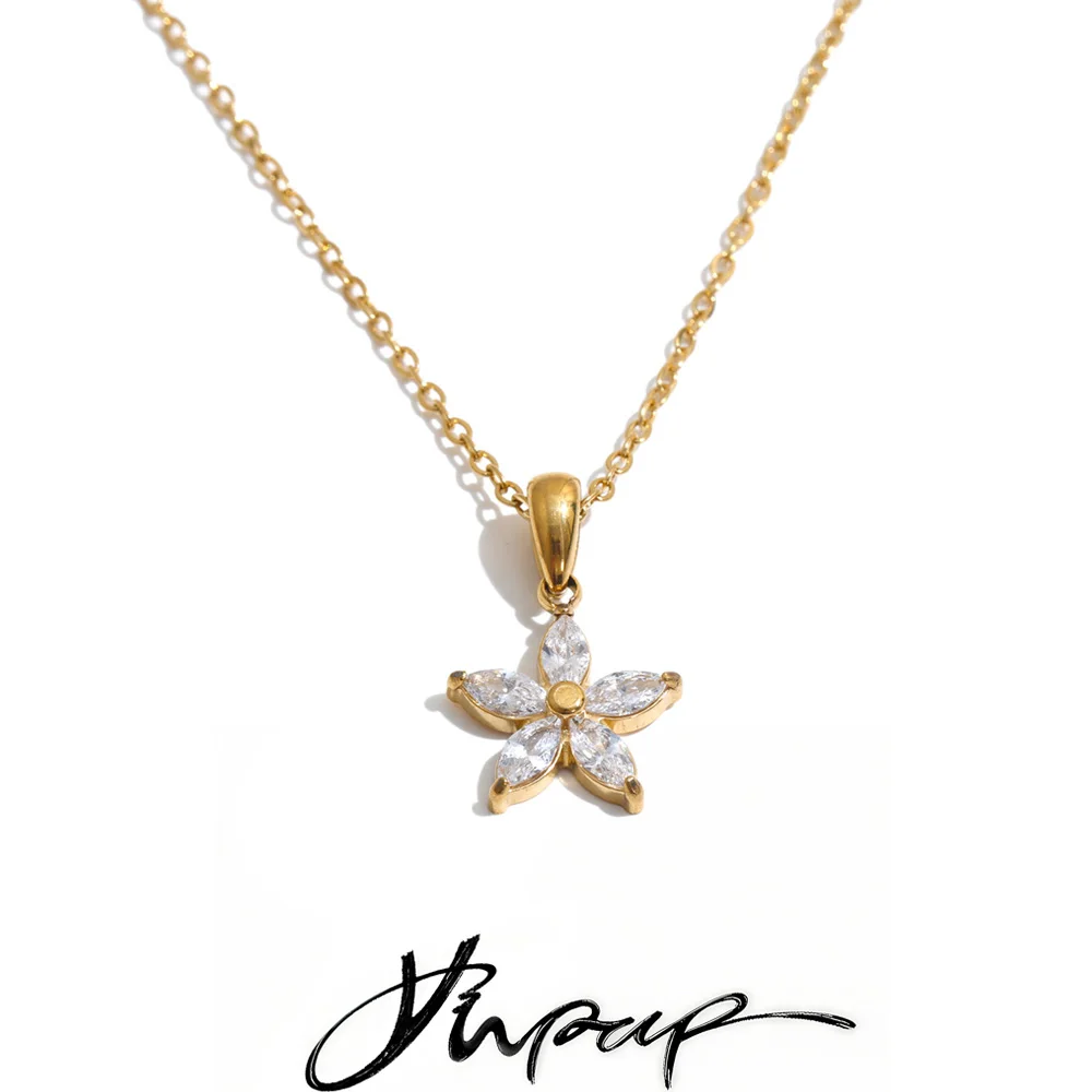 Yhpup Stainless Steel Cubic Zirconia Flower Necklace Pendant Marquise Cut Floral CZ Dainty Chain Jewelry