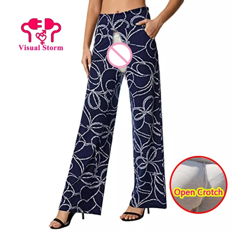 Women Patterns Printing Sexy Open Crotch Leggings Ankle-Length Wide Leg Pants Sporty Breathable Gym Fitness Crotchless Clubwear