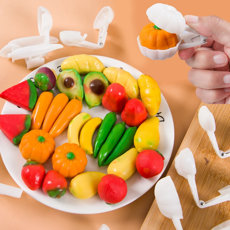 12pcs Mini Fruit Kanom Thai Dim Sum Luk Chup Molds Cake Dessert Mold Cake Decoration Baking Tool Press 3D Simulation Fruit Shape