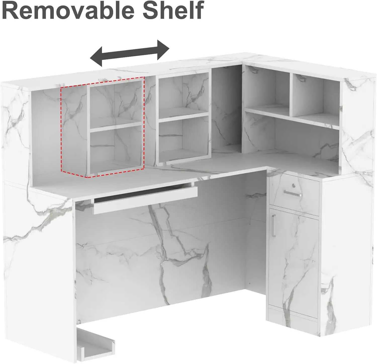 Ar Recepção com balcão gavetas, Prateleiras de armazenamento, mesa de recepção em forma de L, Salão Recepção