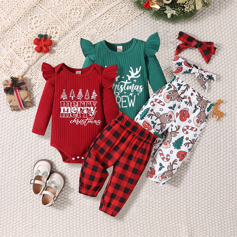 

2023-08-11 Lioraitiin 0-24M Baby Girl Christmas Outfit Ribbed Long Sleeve Romper Letter Print Elk Tree Print Pants Headband