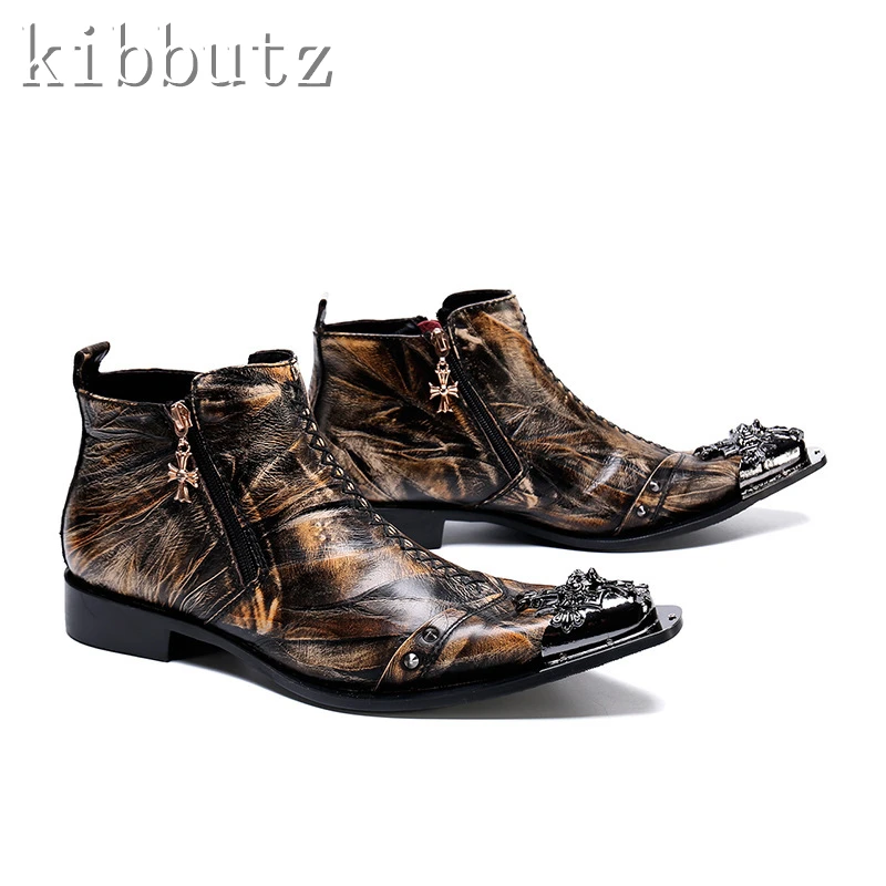 Vintage Brown Prints Metal Toe Men Short Boots Luxury Brand Genuine Leather Pointy Toe Motorcycle Riding Ankle Boot