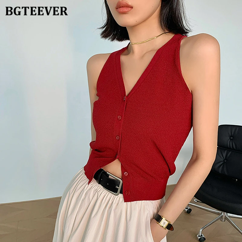 BGTEEVER Vintage Slim Ladies Single-breasted Knitted Tank Tops Stylish Female Solid Sleeveless Camisole Summer Women Vests