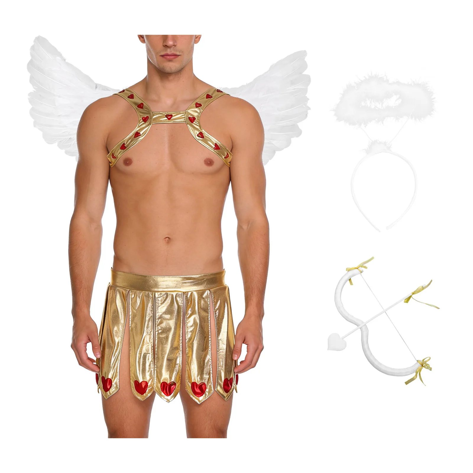 

Men Cupid Cosplay Metallic Costume Halloween Carnival Party Chest Harness and Slit Skirt with Bow Arrow Headwear and Wings Set