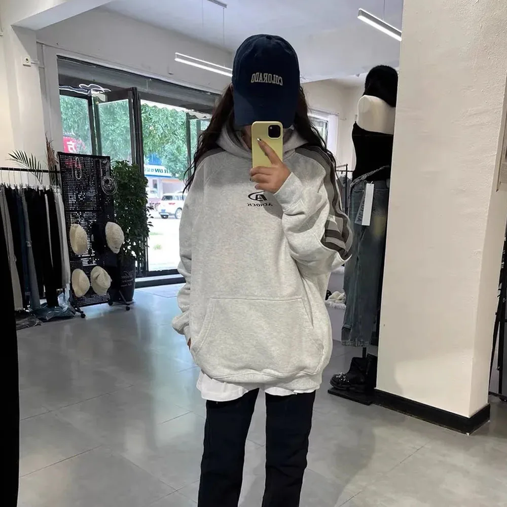 Kpop Grunge Sweatshirts Hip Hop Streetwear Gray Oversized Hoodies Women Harajuku Vintage Hooded Sweatshirt Loose Casual Y2K Tops